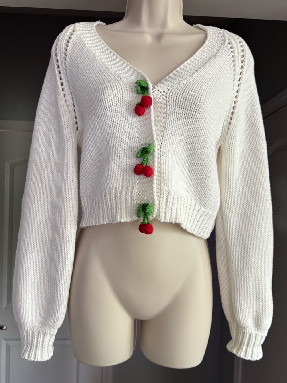 Sincerely Jules White Cropped Knit Cardigan with Crochet Red Cherry Buttons XS